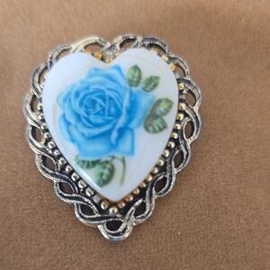Elegant Blue Rose Heart Brooch
